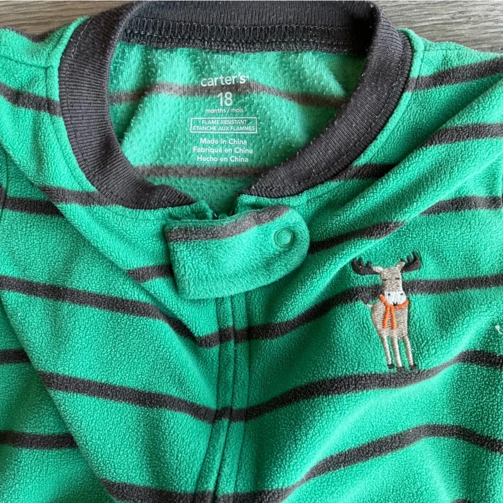 Carter’s Green & Gray Stripe Moose One Way Footed Zippy Pajama